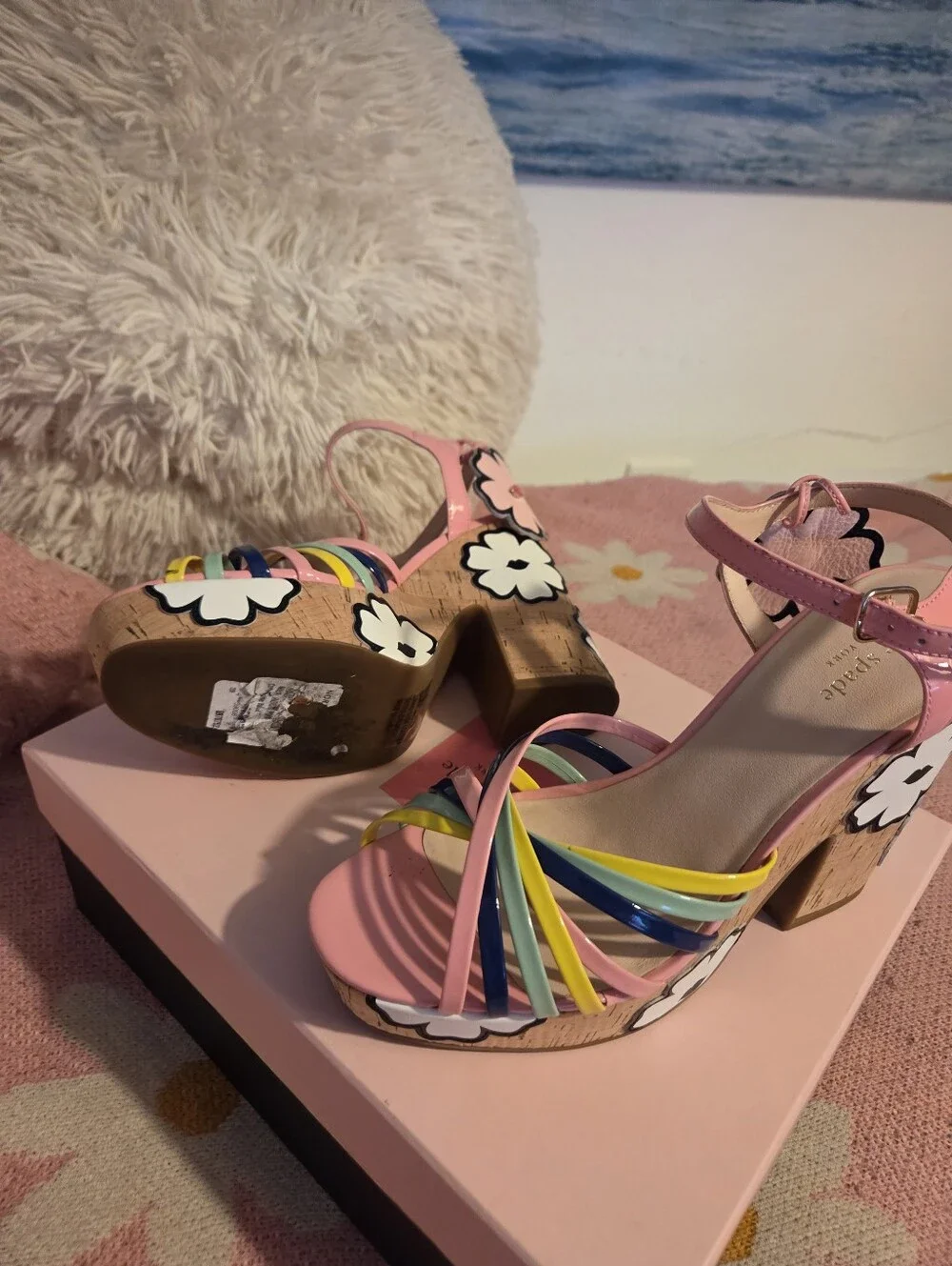 kate spade Pink Multicolor Strappy Cork Platform Sandals